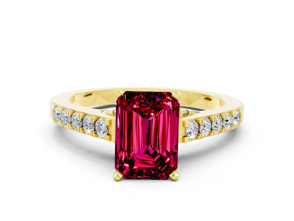 Yellow gold Emerald Cut Garnet Solitaire Ring with Crossover Gallery and Round  Pavé Band