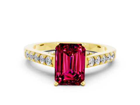 Yellow gold Emerald Cut Diamond Solitaire Ring with Pavé Band and Prong Setting