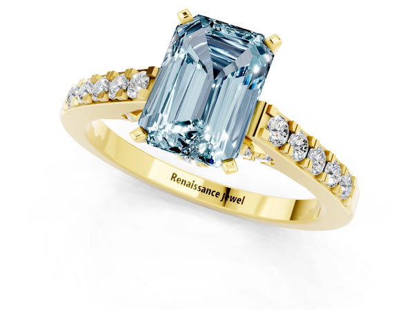 Yellow gold Emerald Cut Aquamarine Solitaire Ring with Crossover Gallery and Round  Pavé Band