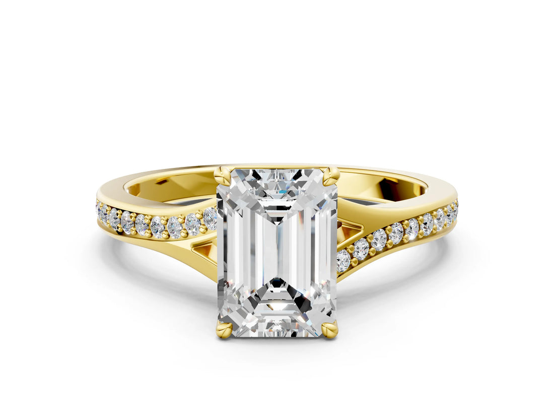 Yellow gold Emerald Cut Diamond Solitaire Ring with Pavé Band and Prong Setting_16