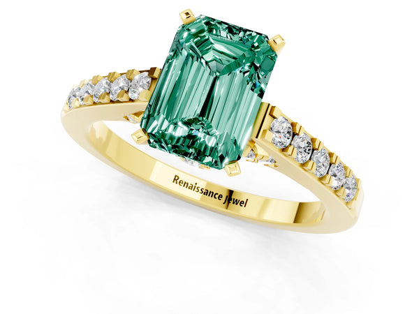 Yellow gold Emerald Cut Green Sapphire Solitaire Ring with Crossover Gallery and Round  Pavé Band