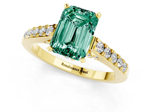 Yellow gold Emerald Cut Diamond Solitaire Ring with Pavé Band and Prong Setting_1