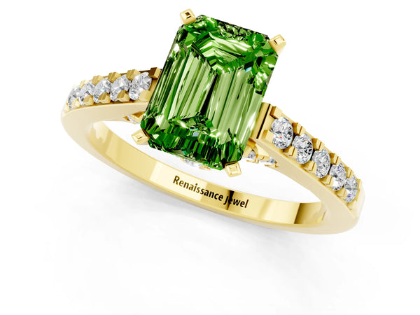 Yellow gold Emerald Cut Peridot Solitaire Ring with Crossover Gallery and Round  Pavé Band