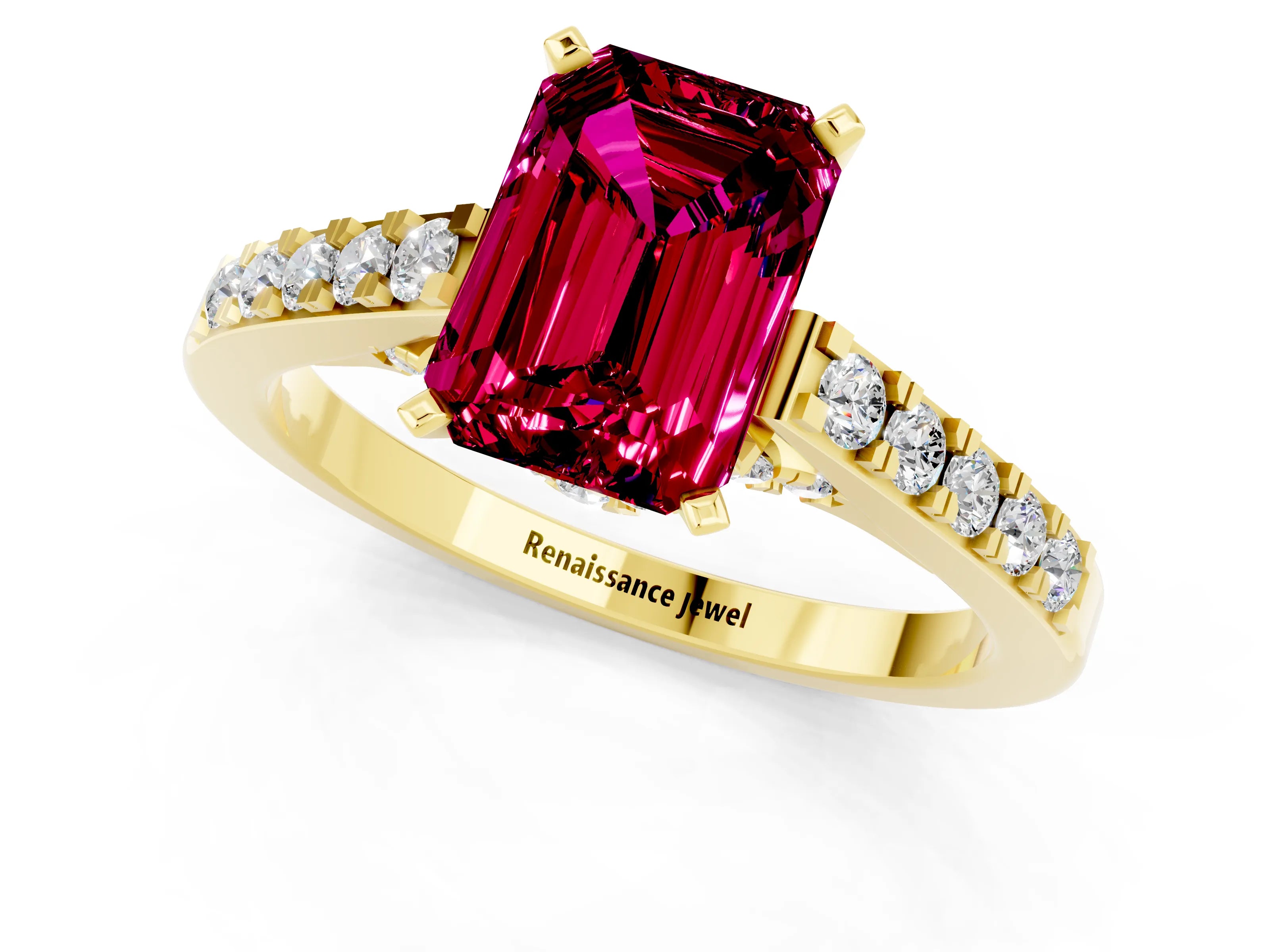 Yellow gold Emerald Cut Diamond Solitaire Ring with Pavé Band and Prong Setting_1