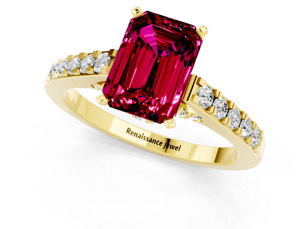Yellow gold Emerald Cut Garnet Solitaire Ring with Crossover Gallery and Round  Pavé Band