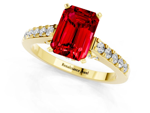Yellow gold Emerald Cut Ruby Solitaire Ring with Crossover Gallery and Round  Pavé Band