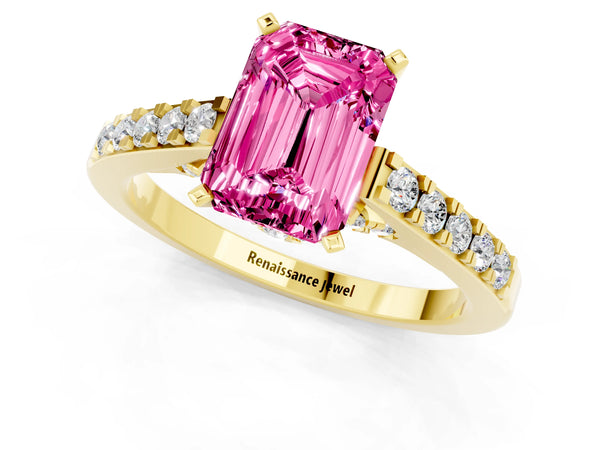 Yellow gold Emerald Cut Pink Sapphire Solitaire Ring with Crossover Gallery and Round  Pavé Band