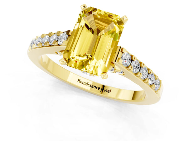 Yellow gold Emerald Cut Yellow Sapphire Solitaire Ring with Crossover Gallery and Round  Pavé Band