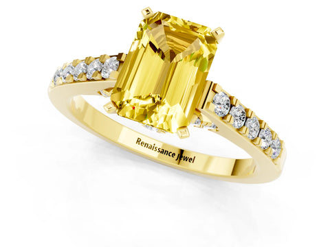 Yellow gold Emerald Cut Diamond Solitaire Ring with Pavé Band and Prong Setting_1