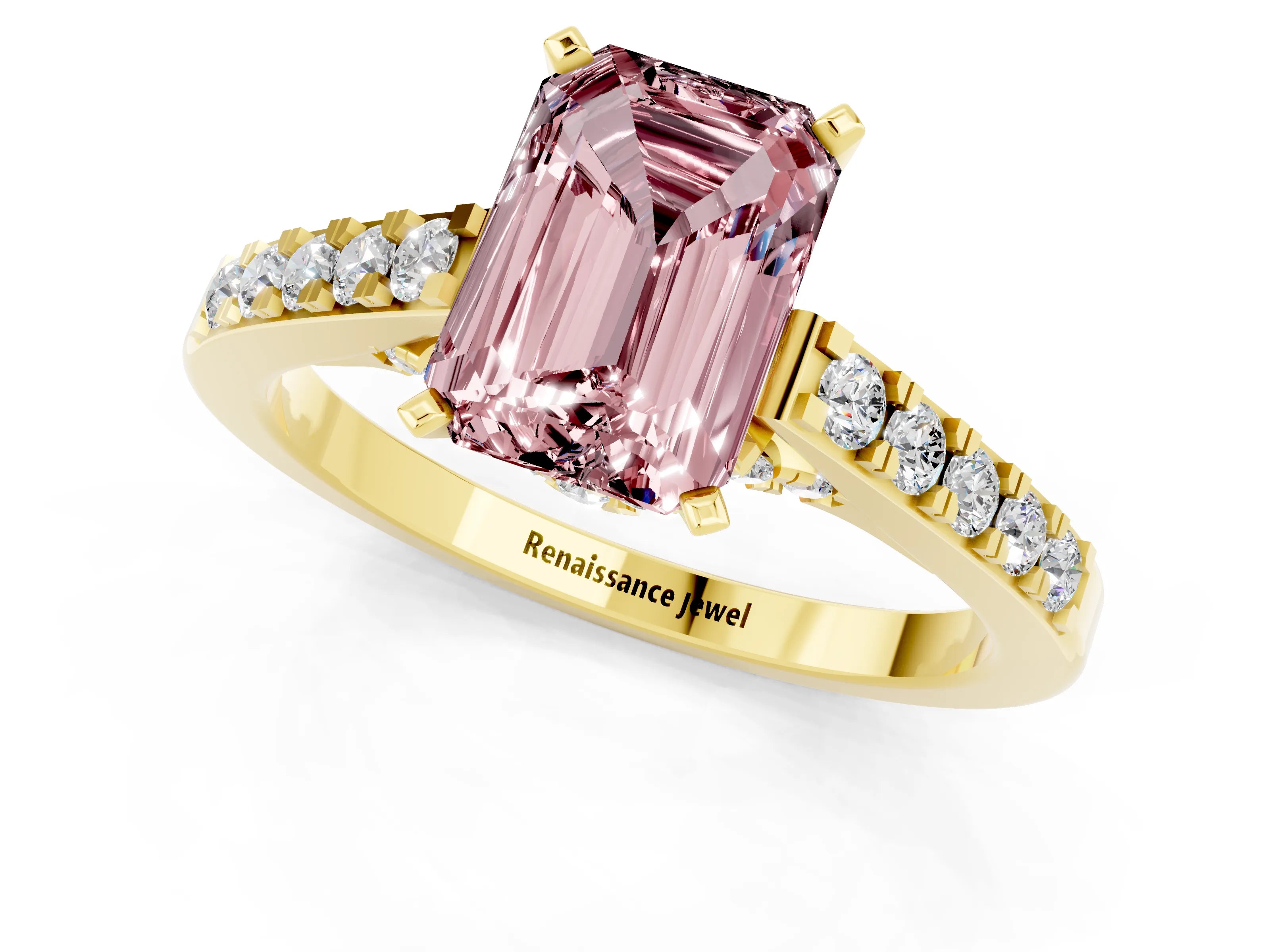 Yellow gold Emerald Cut Diamond Solitaire Ring with Pavé Band and Prong Setting_1
