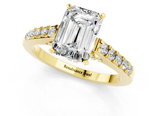 Yellow gold Emerald Cut Moissanite Solitaire Ring with Crossover Gallery and Round  Pavé Band