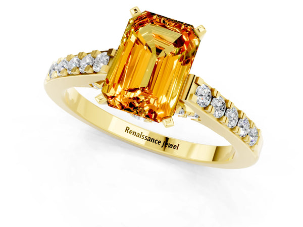 Yellow gold Emerald Cut Citrine Solitaire Ring with Crossover Gallery and Round  Pavé Band