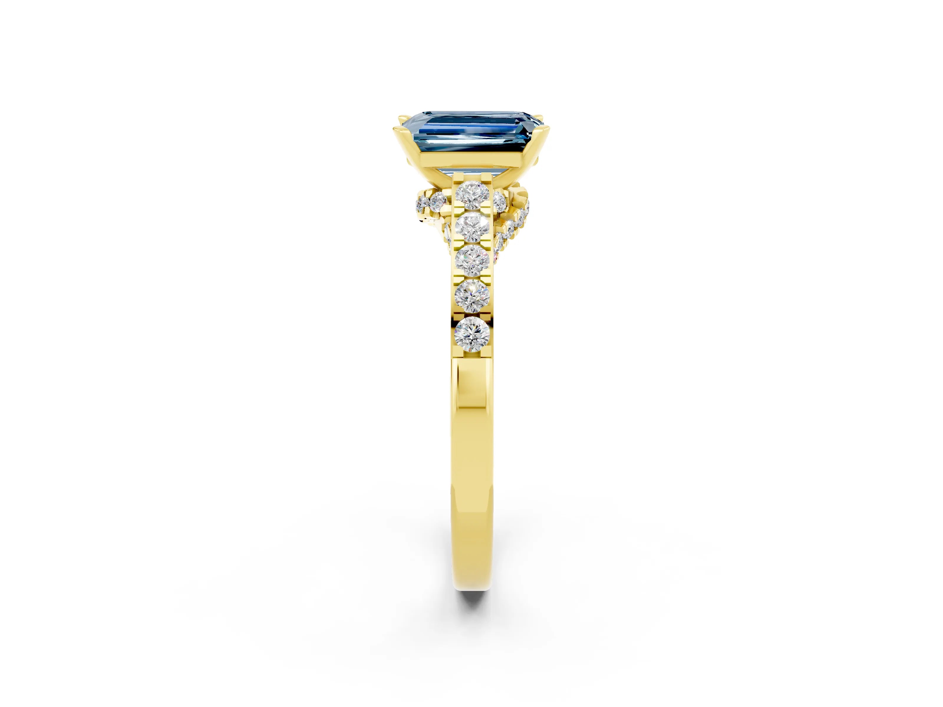 Yellow gold Emerald Cut Diamond Solitaire Ring with Pavé Band and Prong Setting_2