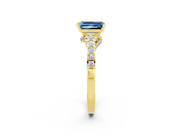 Yellow gold Emerald Cut Aquamarine Solitaire Ring with Crossover Gallery and Round  Pavé Band