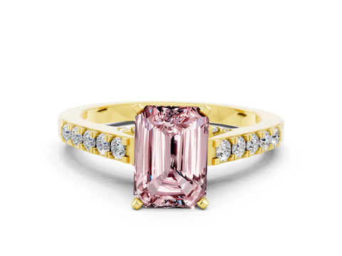 Yellow gold Emerald Cut Diamond Solitaire Ring with Pavé Band and Prong Setting
