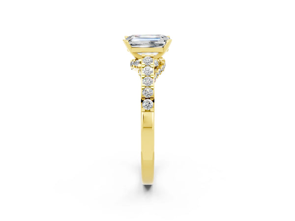 Yellow gold Emerald Cut Moissanite Solitaire Ring with Crossover Gallery and Round  Pavé Band