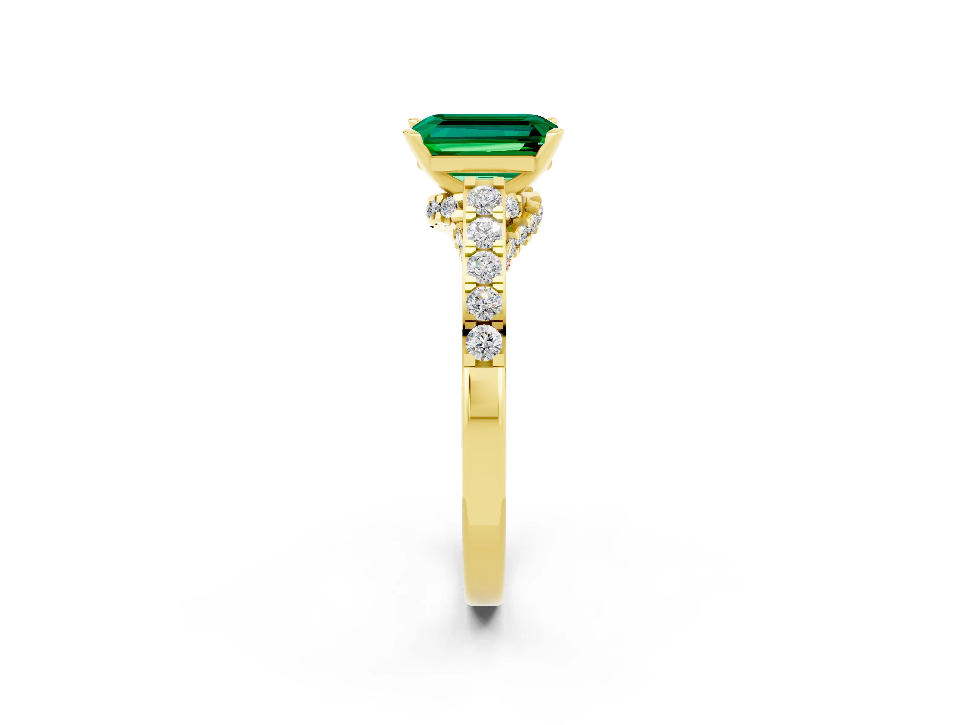 Yellow gold Emerald Cut Diamond Solitaire Ring with Pavé Band and Prong Setting_2