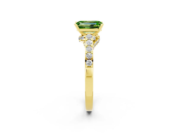 Yellow gold Emerald Cut Peridot Solitaire Ring with Crossover Gallery and Round  Pavé Band