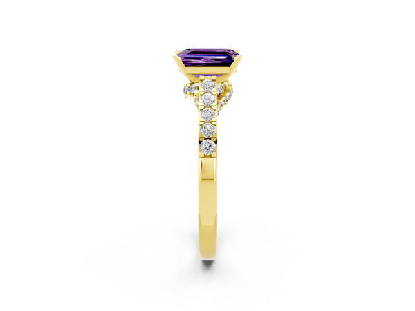 Yellow gold Emerald Cut Amethyst Solitaire Ring with Crossover Gallery and Round  Pavé Band