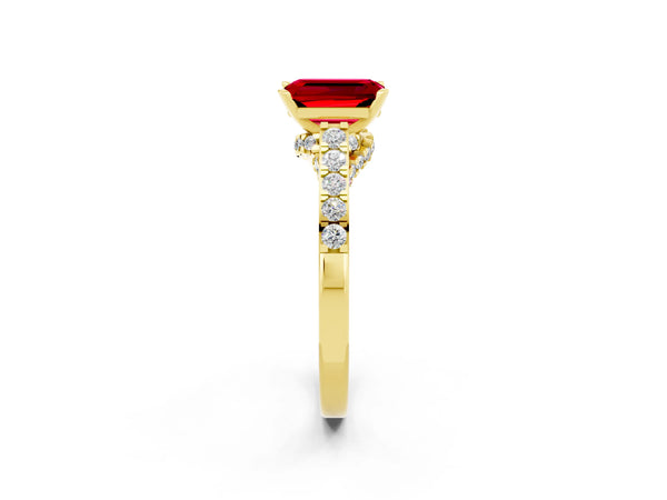 Yellow gold Emerald Cut Ruby Solitaire Ring with Crossover Gallery and Round  Pavé Band
