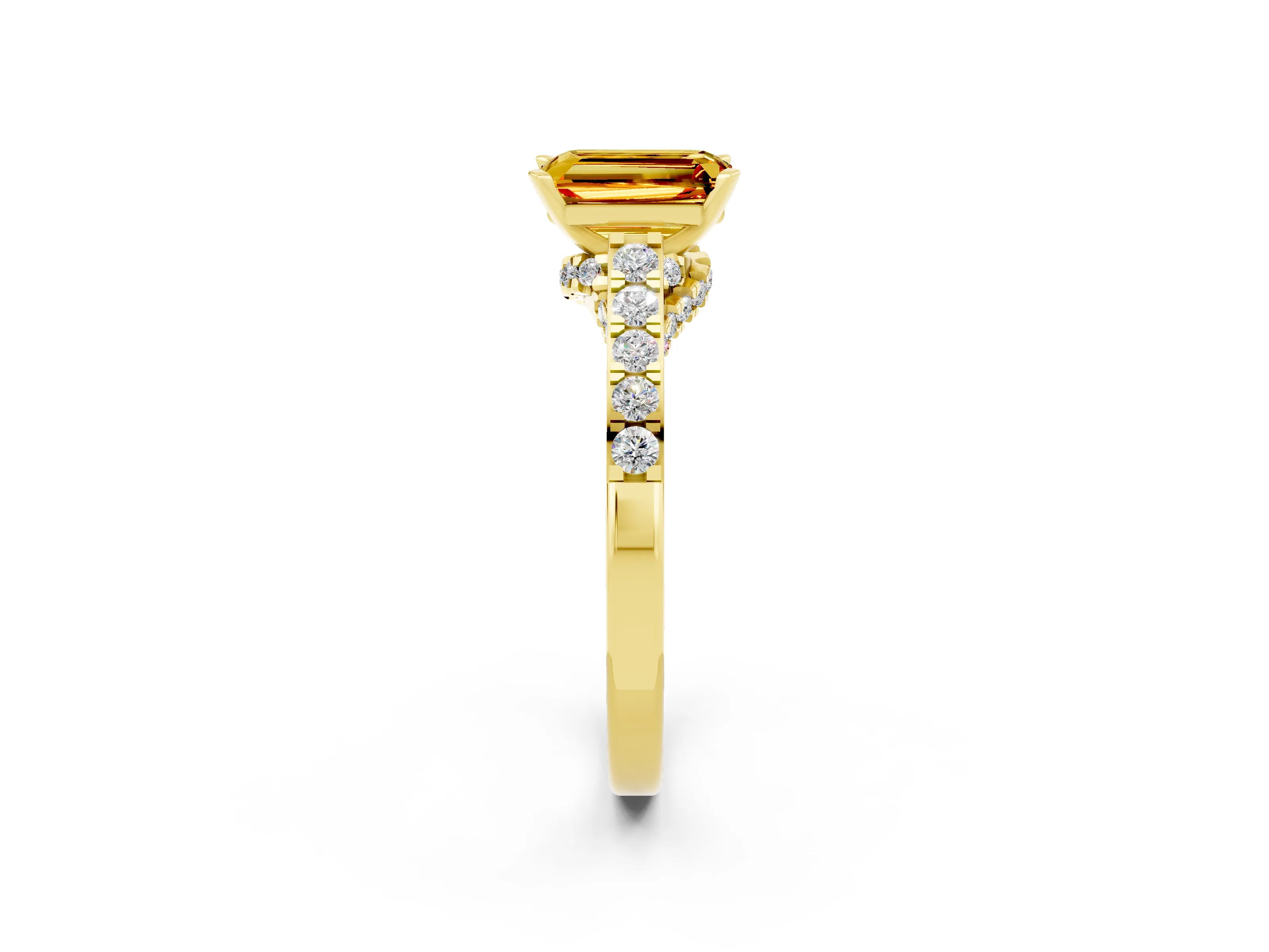 Yellow gold Emerald Cut Diamond Solitaire Ring with Pavé Band and Prong Setting_2