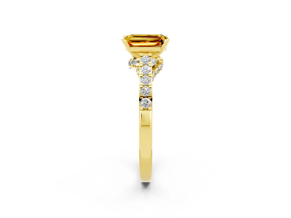 Yellow gold Emerald Cut Citrine Solitaire Ring with Crossover Gallery and Round  Pavé Band
