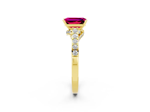 Yellow gold Emerald Cut Garnet Solitaire Ring with Crossover Gallery and Round  Pavé Band