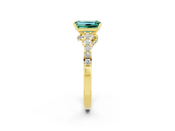 Yellow gold Emerald Cut Green Sapphire Solitaire Ring with Crossover Gallery and Round  Pavé Band
