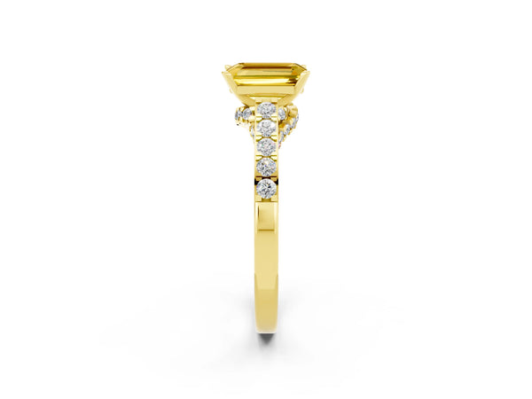 Yellow gold Emerald Cut Yellow Sapphire Solitaire Ring with Crossover Gallery and Round  Pavé Band