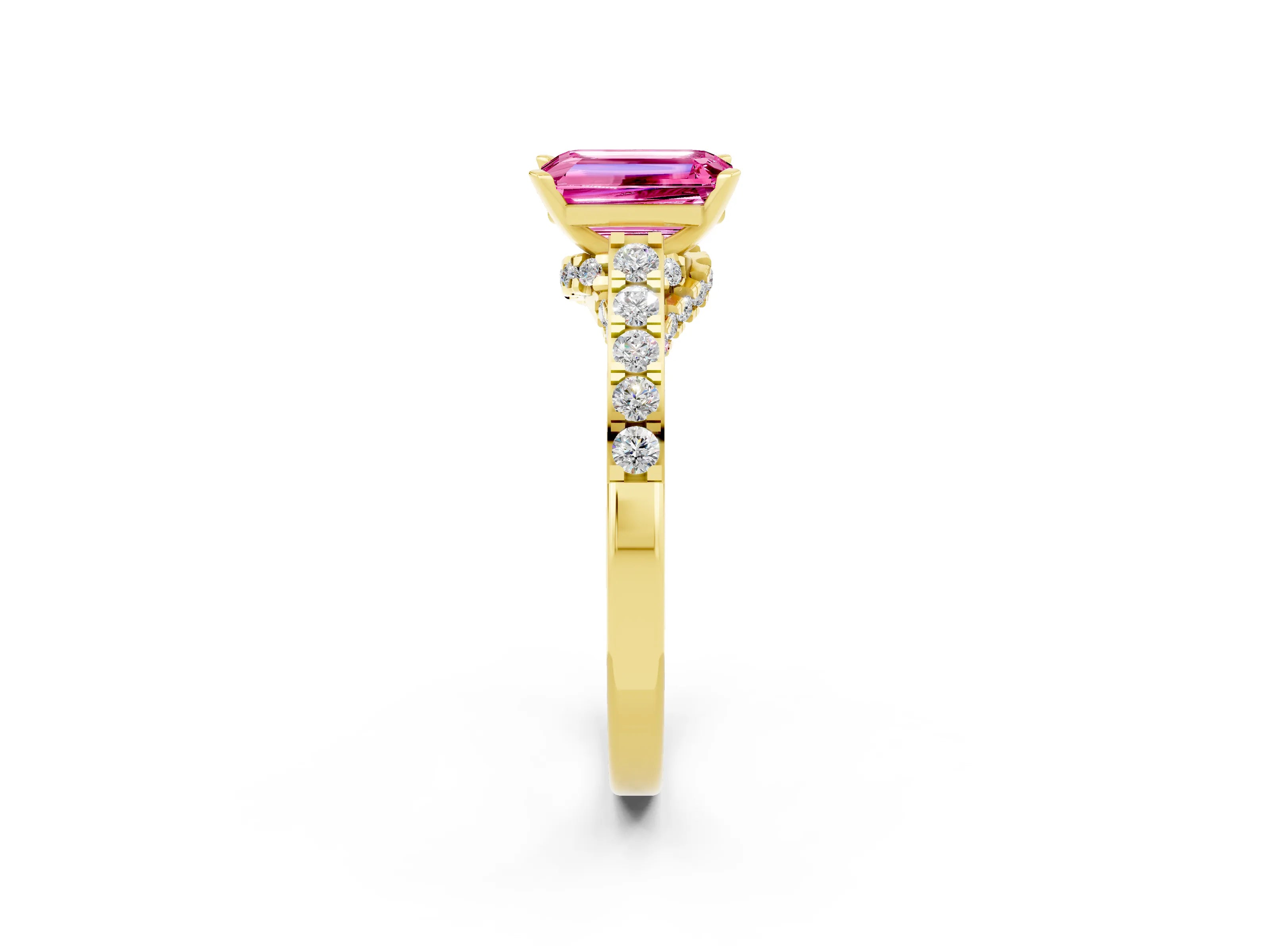 Yellow gold Emerald Cut Diamond Solitaire Ring with Pavé Band and Prong Setting_2
