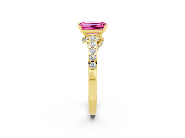 Yellow gold Emerald Cut Pink Sapphire Solitaire Ring with Crossover Gallery and Round  Pavé Band