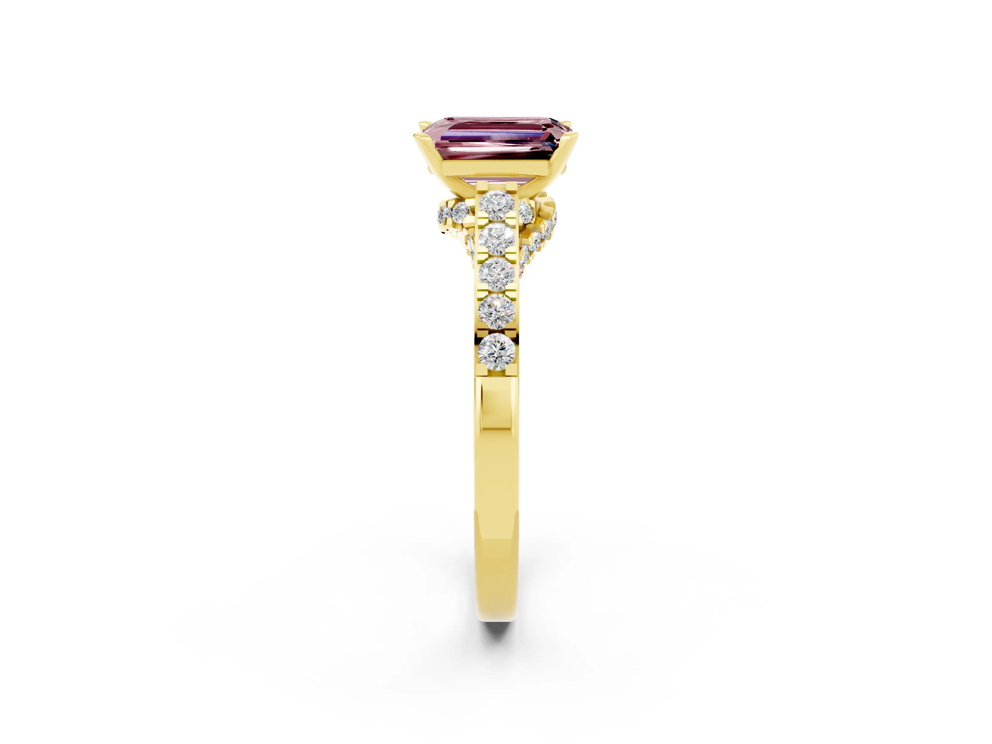 Yellow gold Emerald Cut Diamond Solitaire Ring with Pavé Band and Prong Setting_2