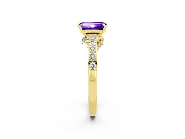 Yellow gold Emerald Cut Tanzanite Solitaire Ring with Crossover Gallery and Round  Pavé Band