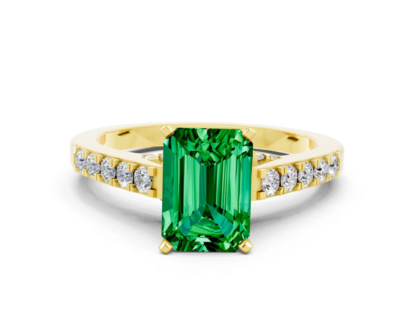 Yellow gold Emerald Cut Emerald Solitaire Ring with Crossover Gallery and Round  Pavé Band