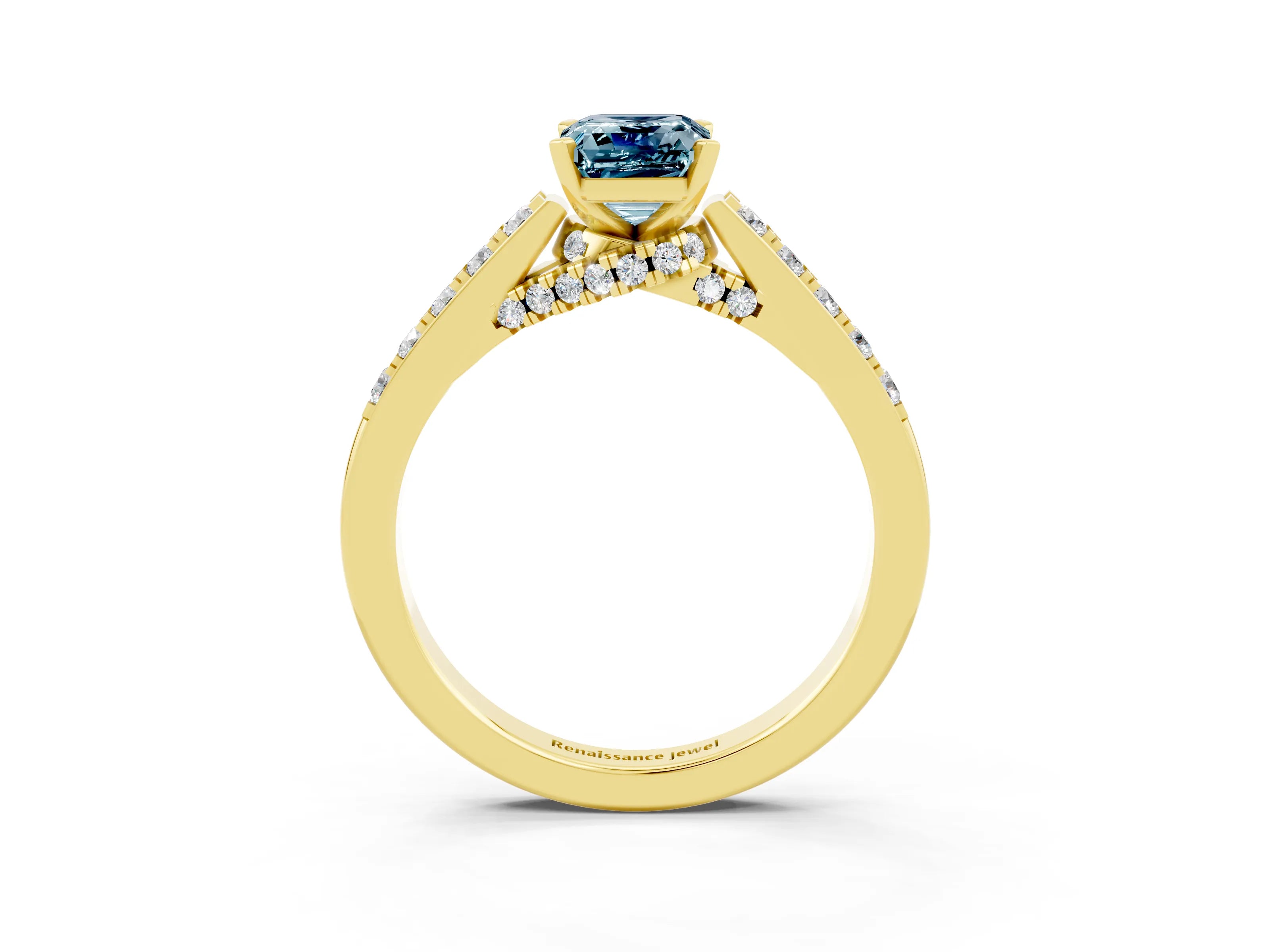 Yellow gold Emerald Cut Diamond Solitaire Ring with Pavé Band and Prong Setting_3