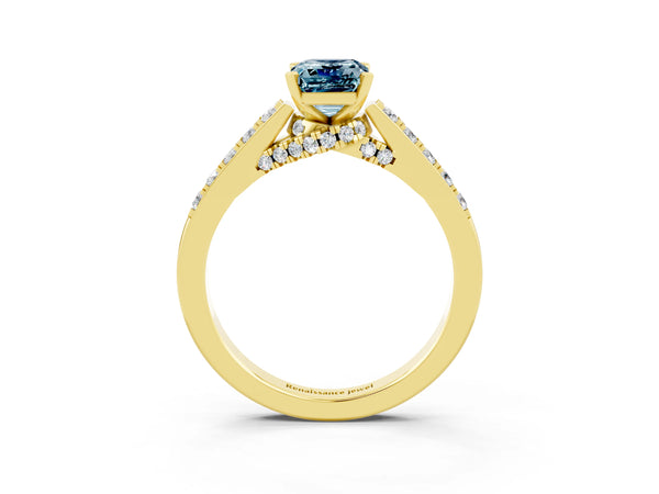 Yellow gold Emerald Cut Aquamarine Solitaire Ring with Crossover Gallery and Round  Pavé Band