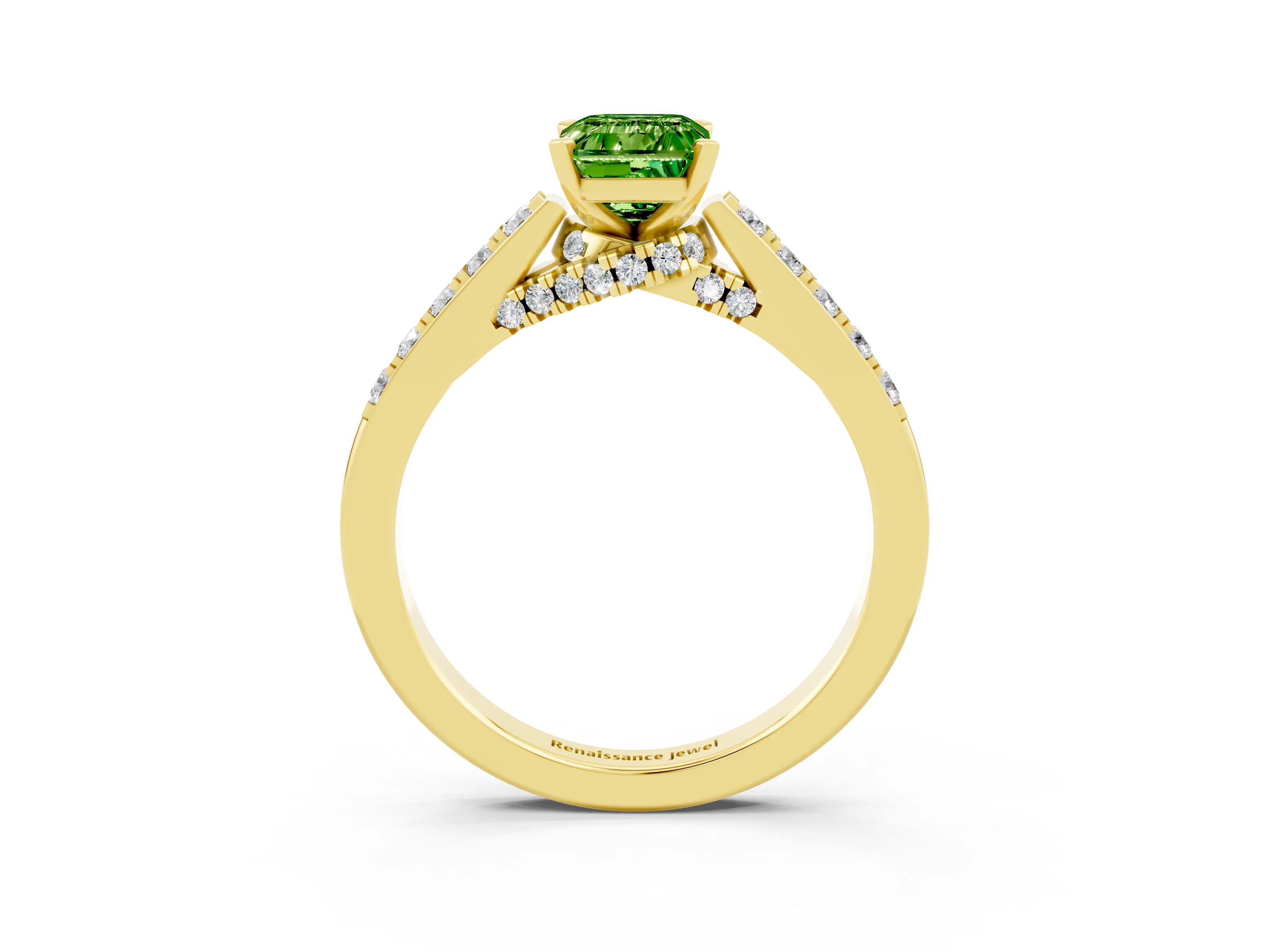 Yellow gold Emerald Cut Diamond Solitaire Ring with Pavé Band and Prong Setting_3