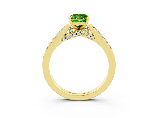 Yellow gold Emerald Cut Peridot Solitaire Ring with Crossover Gallery and Round  Pavé Band