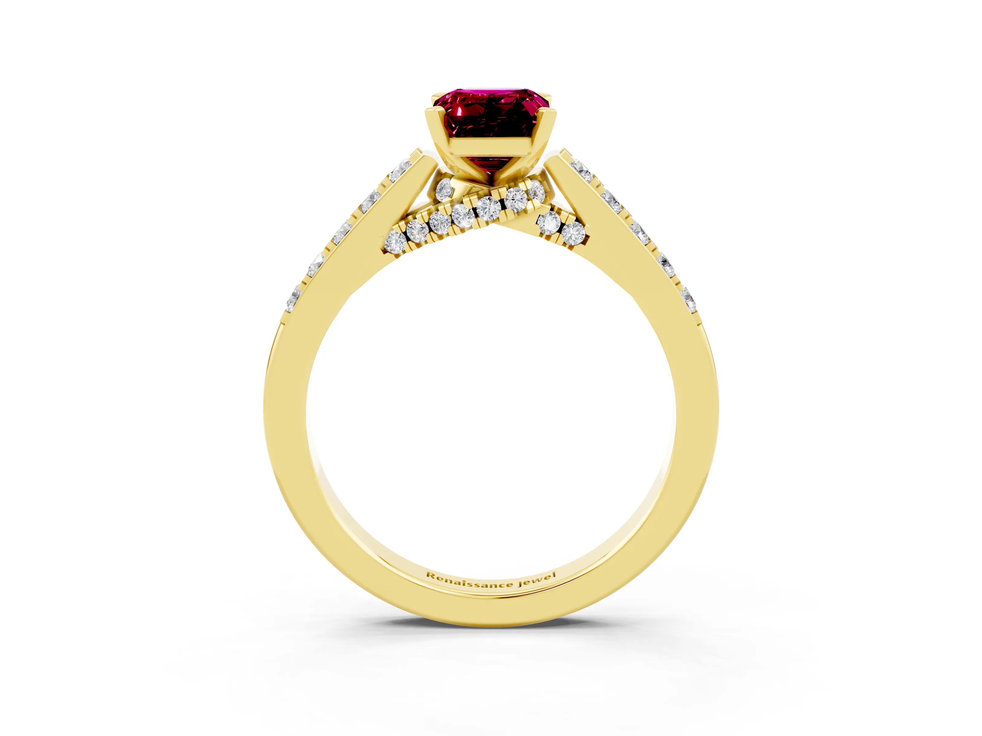 Yellow gold Emerald Cut Diamond Solitaire Ring with Pavé Band and Prong Setting_3