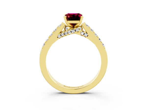 Yellow gold Emerald Cut Garnet Solitaire Ring with Crossover Gallery and Round  Pavé Band