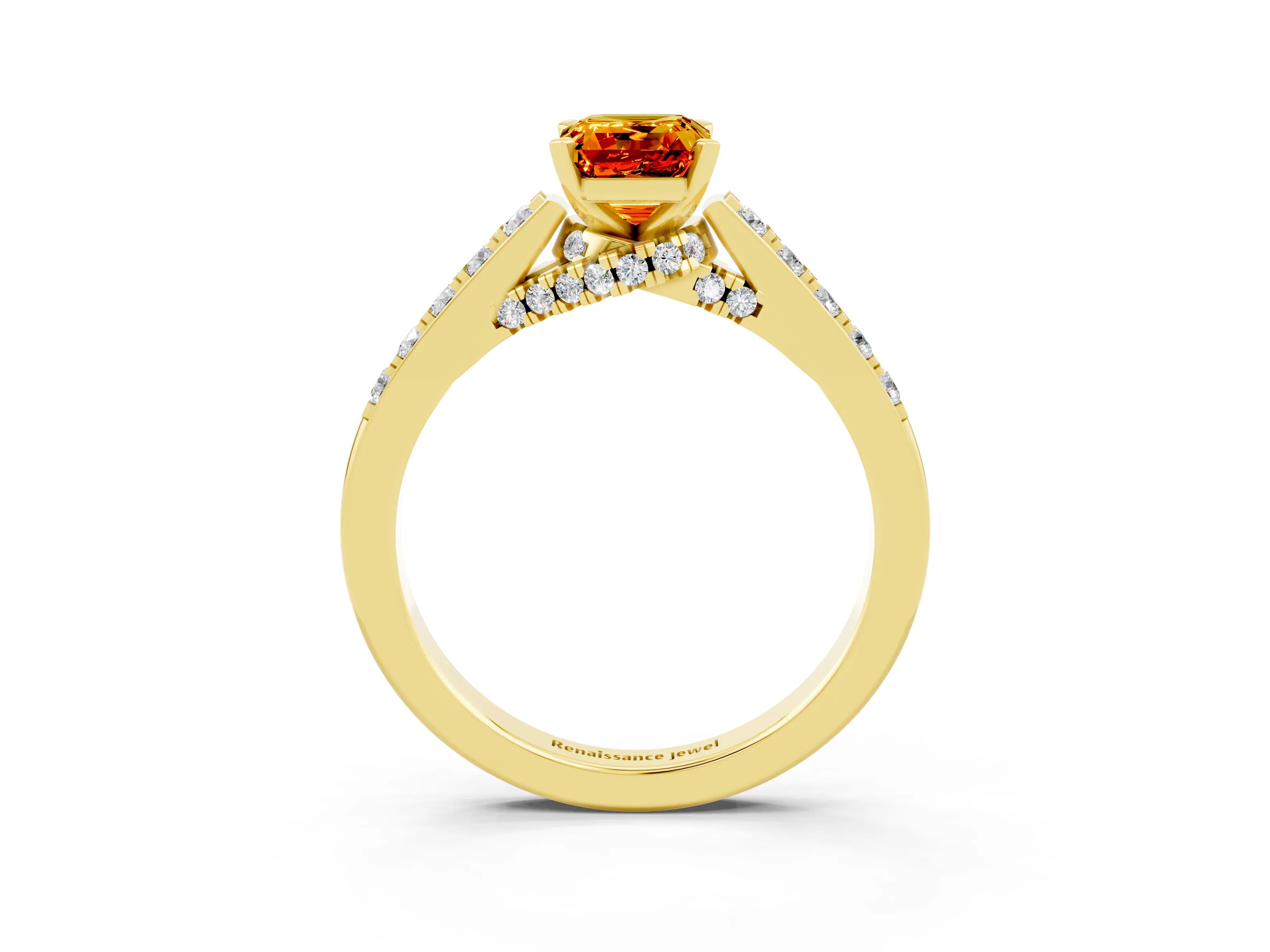 Yellow gold Emerald Cut Diamond Solitaire Ring with Pavé Band and Prong Setting_3