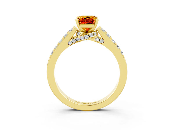 Yellow gold Emerald Cut Citrine Solitaire Ring with Crossover Gallery and Round  Pavé Band
