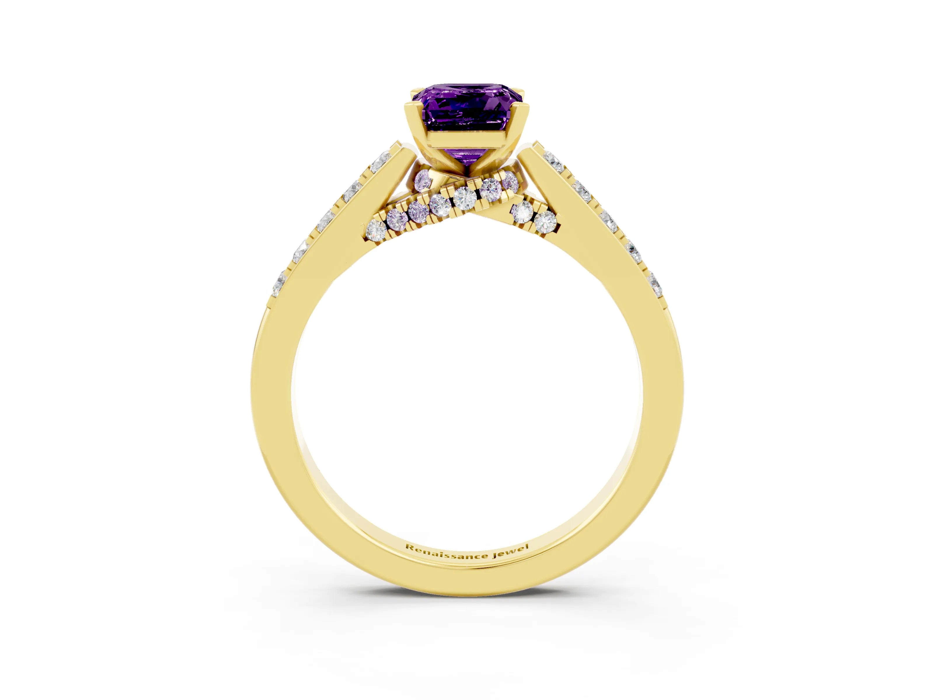 Yellow gold Emerald Cut Diamond Solitaire Ring with Pavé Band and Prong Setting_3