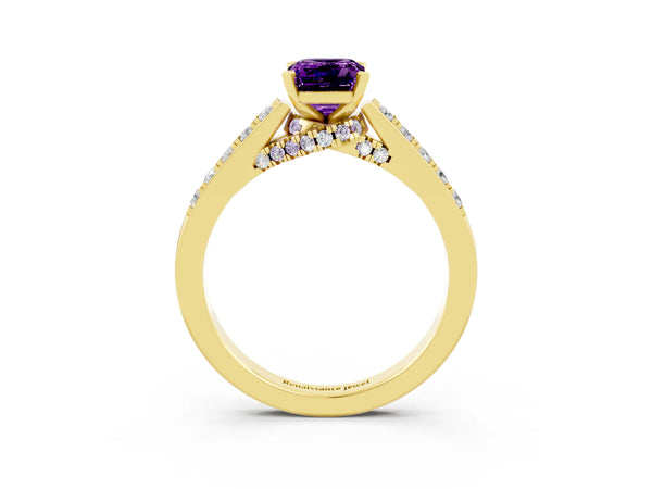 Yellow gold Emerald Cut Amethyst Solitaire Ring with Crossover Gallery and Round  Pavé Band