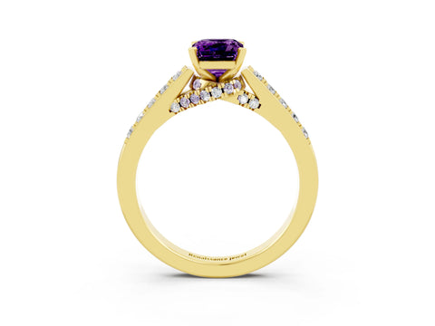 Yellow gold Emerald Cut Diamond Solitaire Ring with Pavé Band and Prong Setting_3
