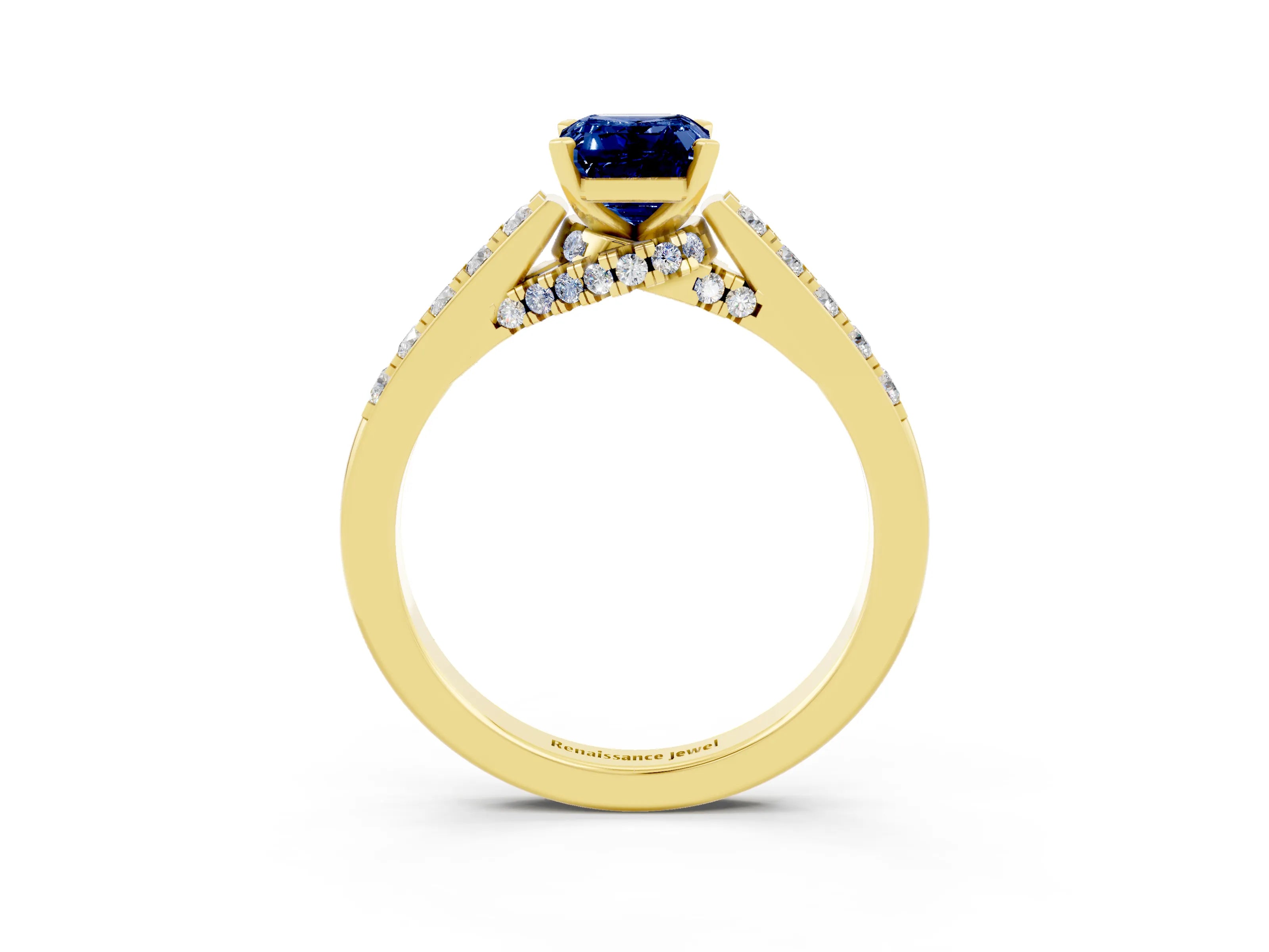 Yellow gold Emerald Cut Diamond Solitaire Ring with Pavé Band and Prong Setting_3