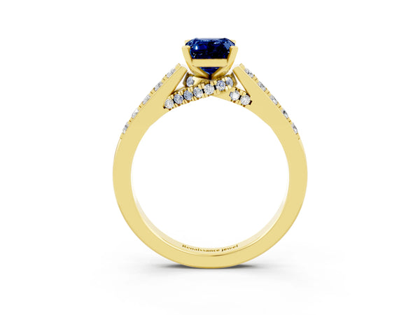 Yellow gold Emerald Cut Blue Sapphire Solitaire Ring with Crossover Gallery and Round  Pavé Band