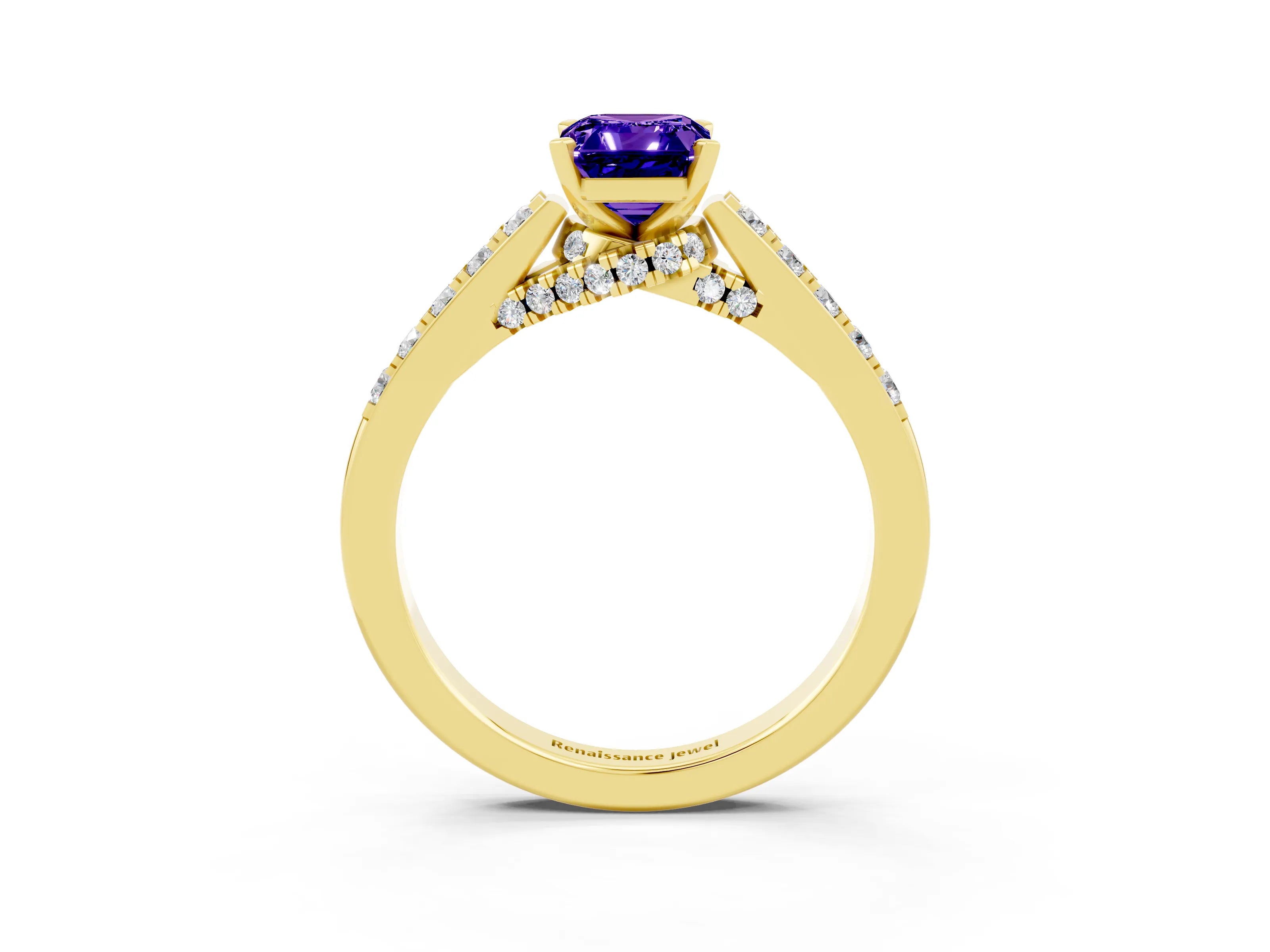 Yellow gold Emerald Cut Diamond Solitaire Ring with Pavé Band and Prong Setting_3