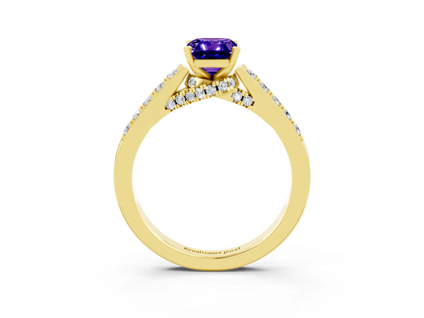 Yellow gold Emerald Cut Tanzanite Solitaire Ring with Crossover Gallery and Round  Pavé Band