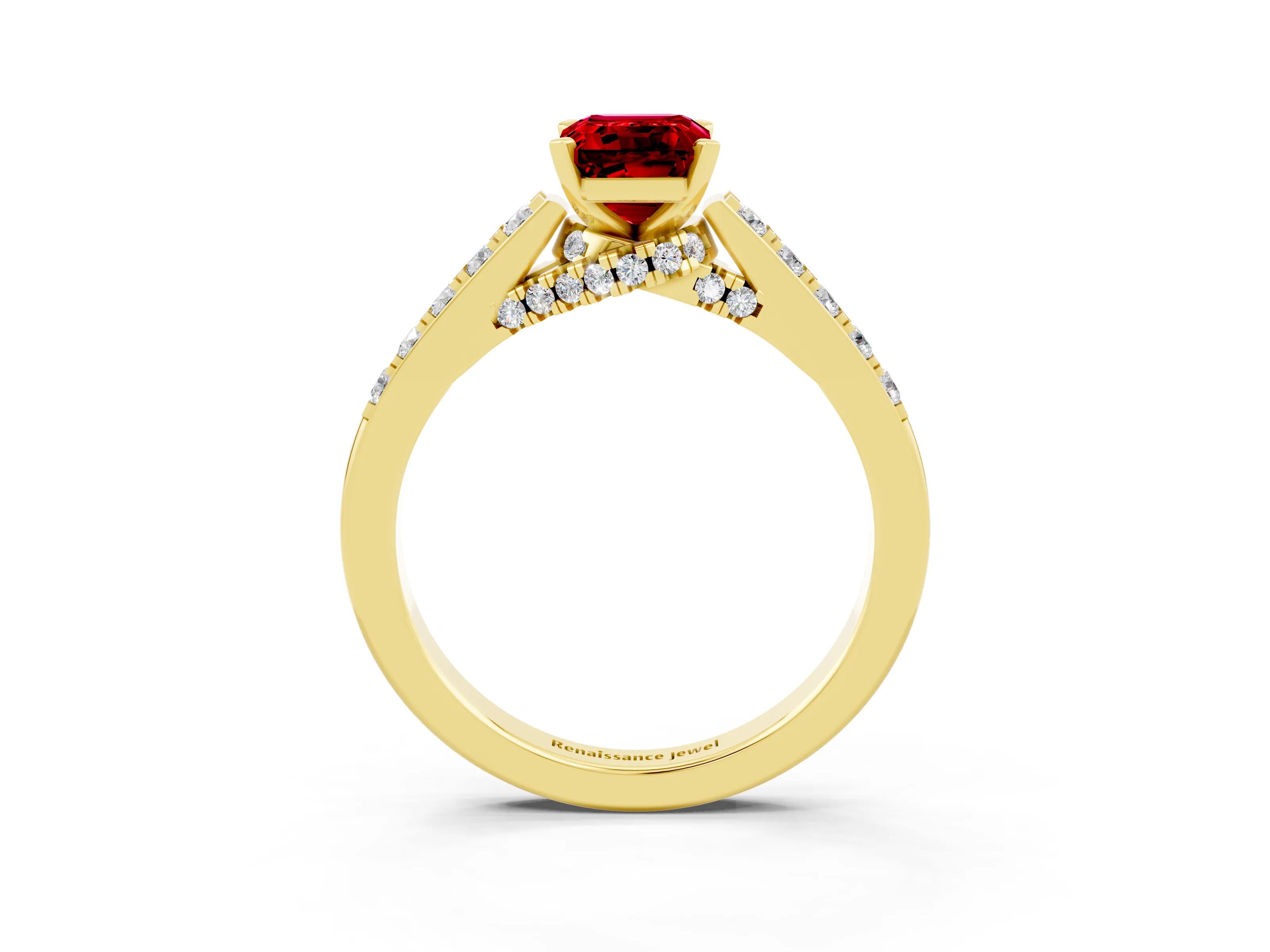 Yellow gold Emerald Cut Diamond Solitaire Ring with Pavé Band and Prong Setting_3